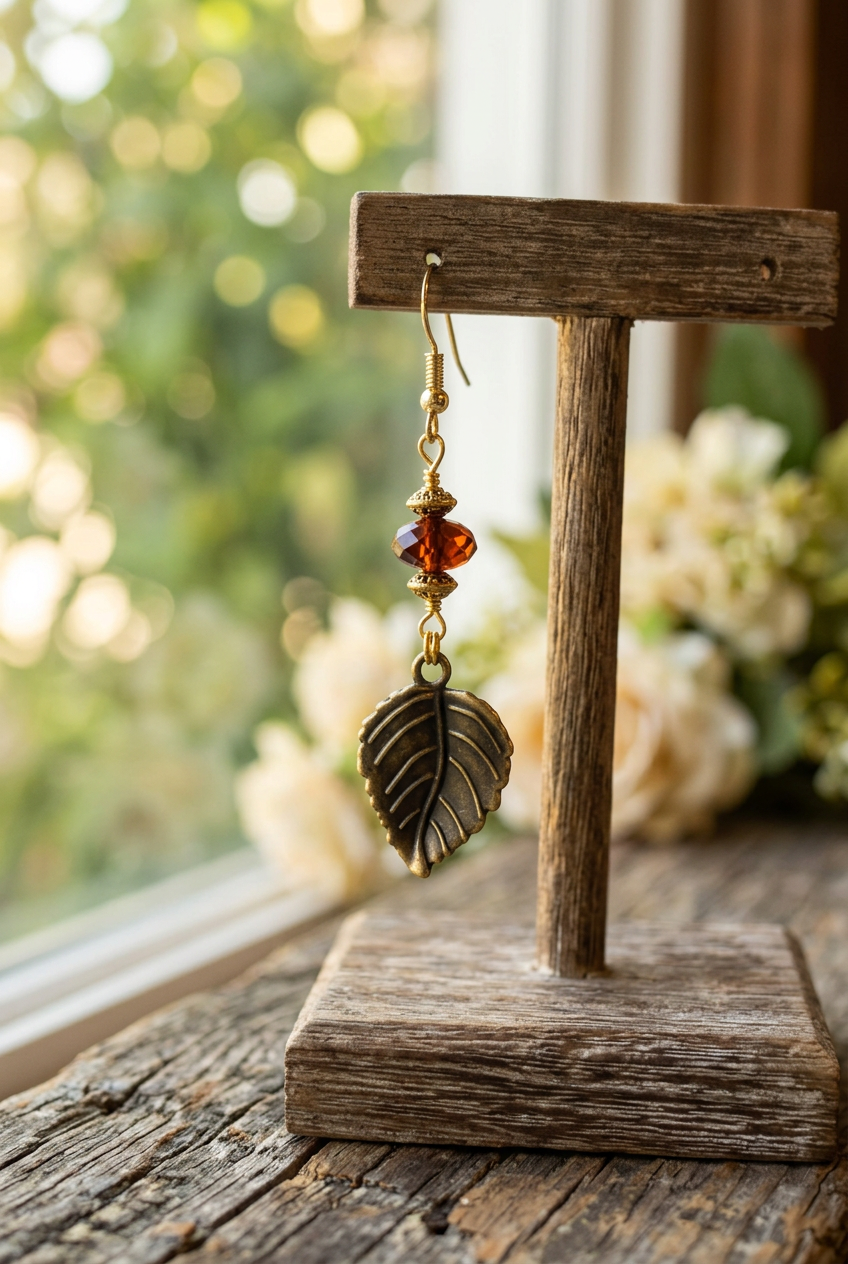 Amber glass bead earring with an antiqued leaf charm and raised gold-toned veins hanging from a rustic wooden jewelry stand