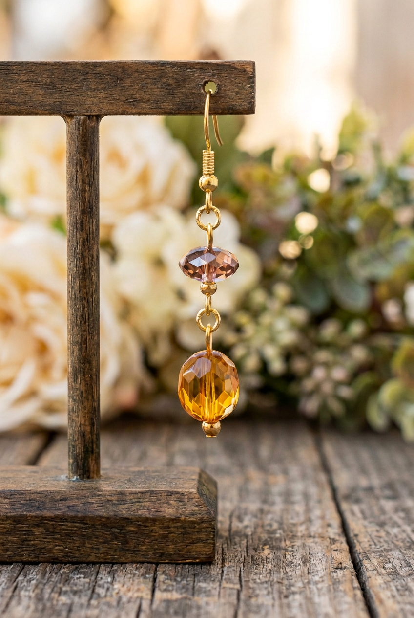 Honey-amber and smoky rose-brown faceted glass bead earring with gold accents hanging from a rustic wooden jewelry stand