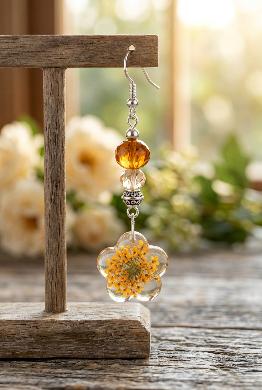 Amber glass bead earring with a clear flower-shaped pendant containing a cluster of tiny orange-yellow flowers hanging from a rustic wooden stand