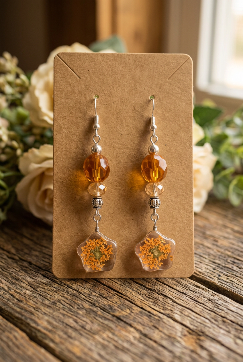 Handmade amber glass bead earrings with clear flower-shaped pendants containing tiny orange-yellow flower clusters displayed on a kraft jewelry card