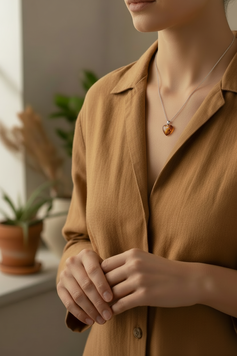 Amber Heart Necklace - Silver Chain