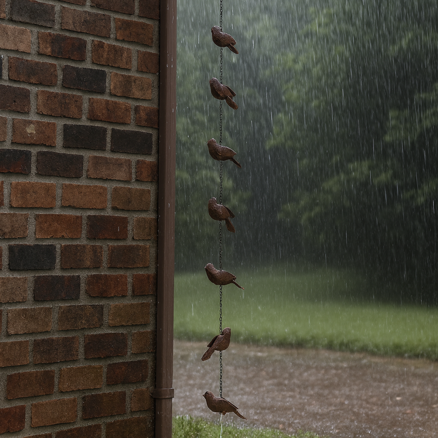 Sparrow rain chain hanging alongside a brick building in heavy rain, showing cascading metal sparrow figures with green garden in background