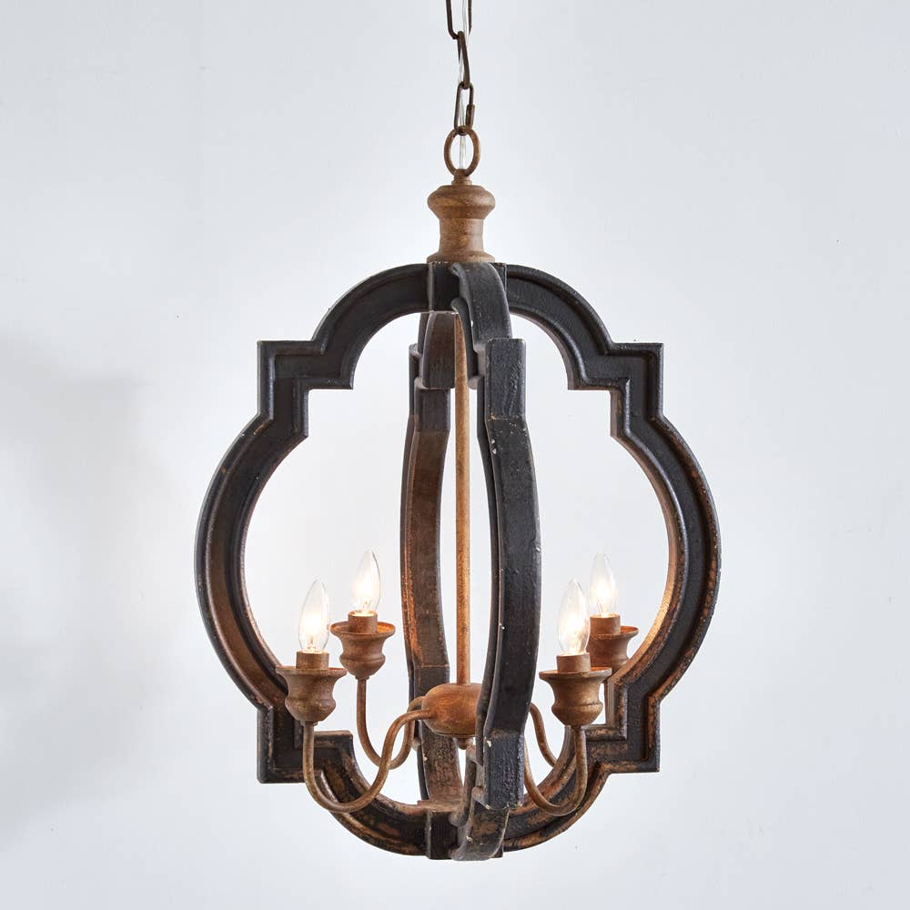 Rustic farmhouse bird cage pendant lamp in distressed metal finish with three candelabra bulb holders, hanging by decorative chain full view