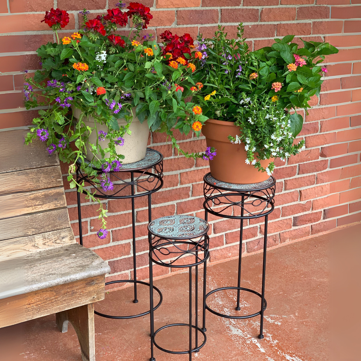 Patinaed Metal Plant Stand – Indoor & Outdoor Iron Stand with Mosaic-Look Top