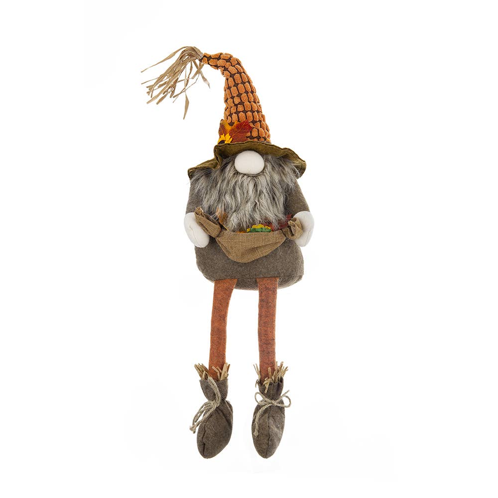 Front view of the Harvest Scarecrow Gnome Plush holding a burlap harvest pouch with white mittens