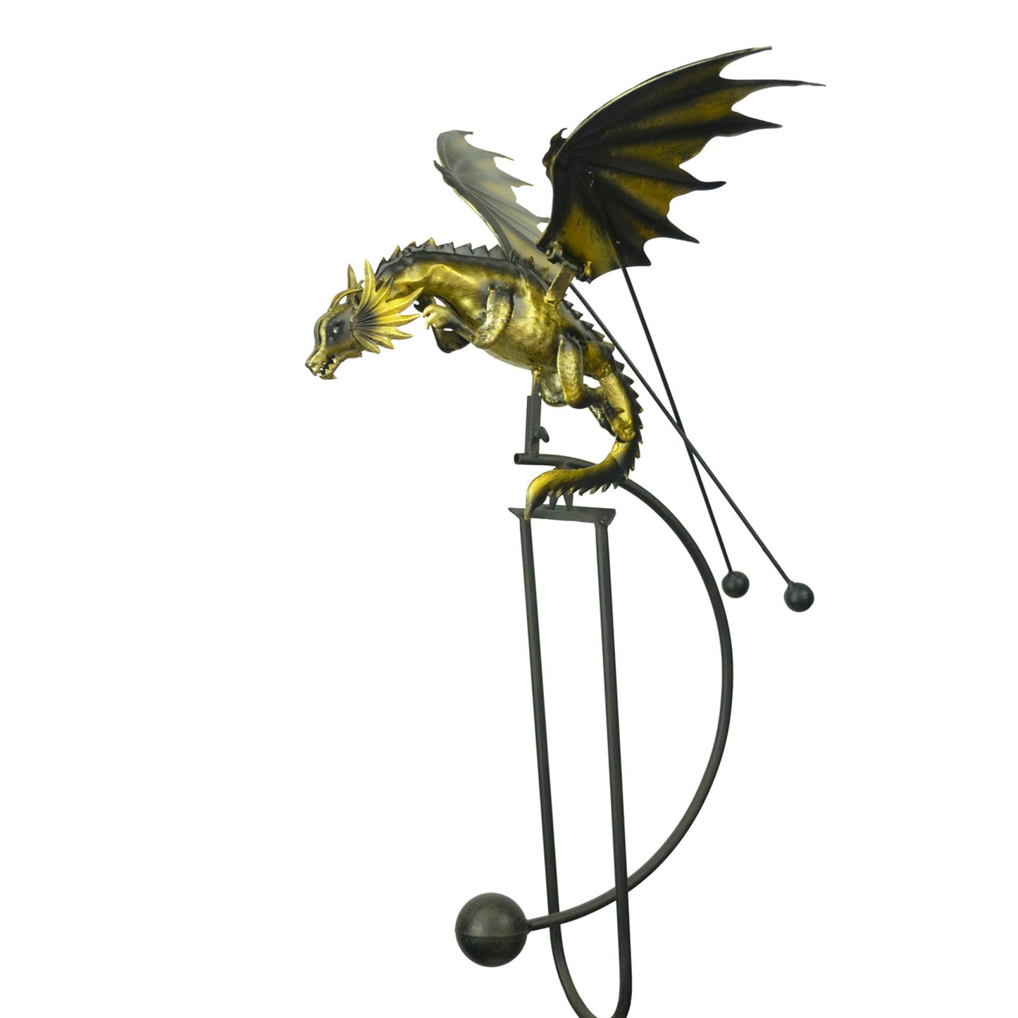 Gold dragon kinetic balance rocker garden stake on white background showing full wingspan and counterweight rocker mechanism, 51 inches tall