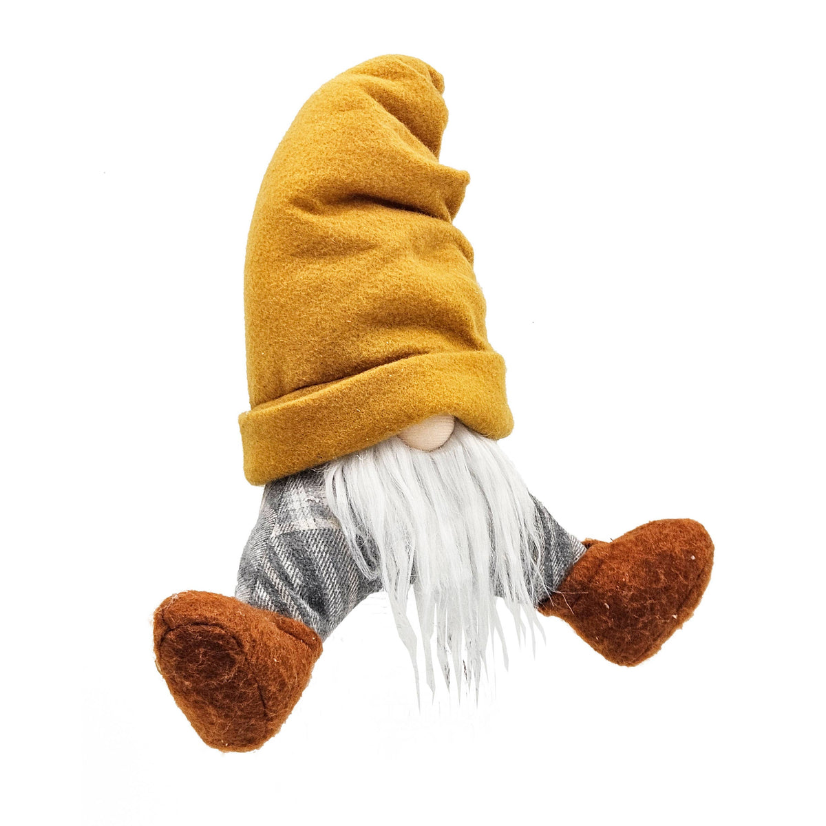Angled front view of the seated gnome with a slouchy mustard hat, gray plaid legs, and rust-colored boots.