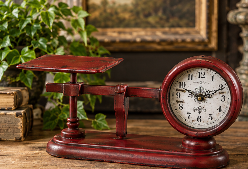 Distressed red balance scale tabletop clock with a cream dial and decorative black hands on a rustic wooden surface