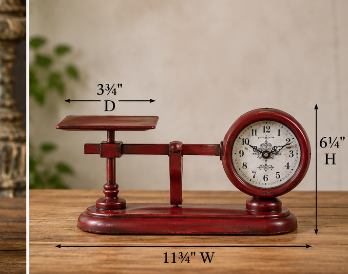 Balance scale clock measuring 11¾ inches wide, 3¾ inches deep, and 6¼ inches high