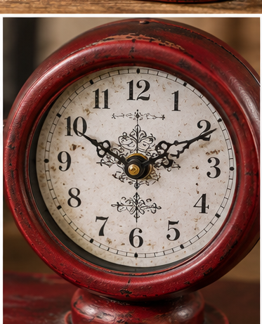 Close-up of the balance scale clock’s cream dial, black numerals, ornate hands, and distressed red metal surround