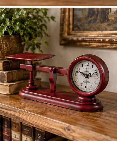 Vintage-inspired red balance scale clock displayed beside old books and greenery on a wooden console table
