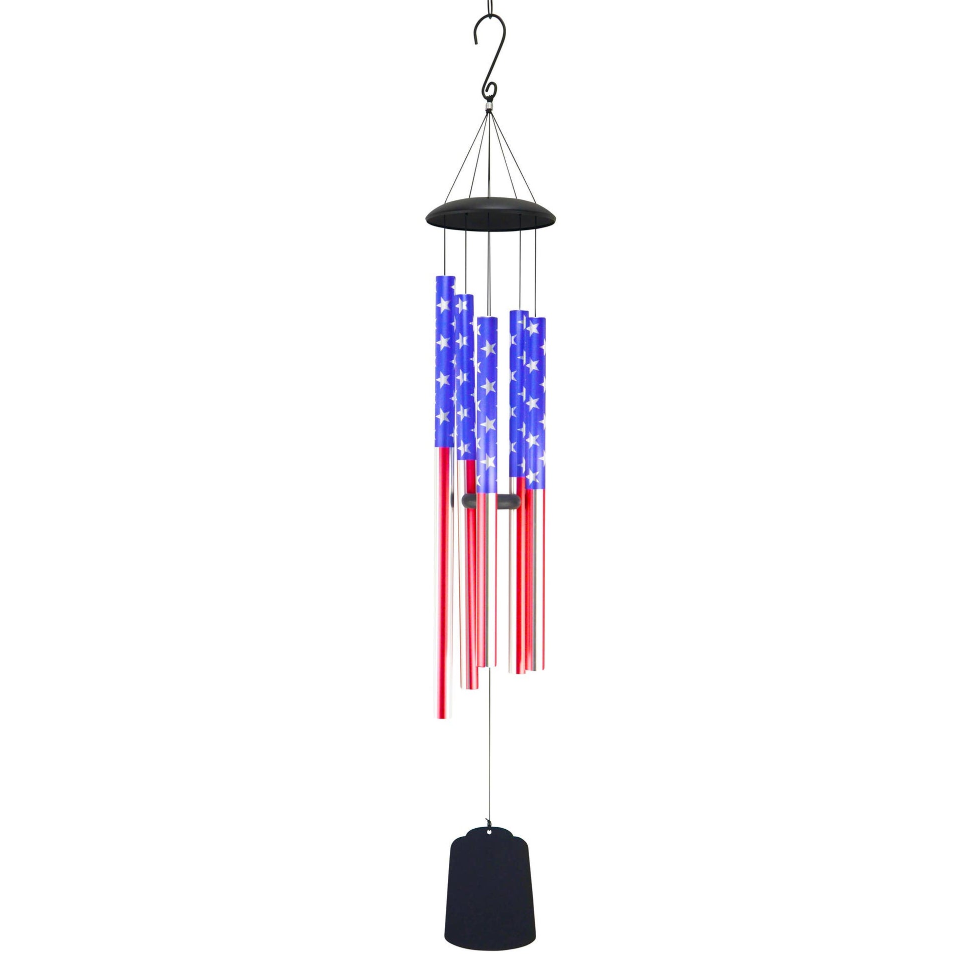 Patriotic USA American flag wind chime full length on white background showing 5 aluminum tubes with stars and stripes graphics, S-hook hanger, and wind catcher, 56 inches long