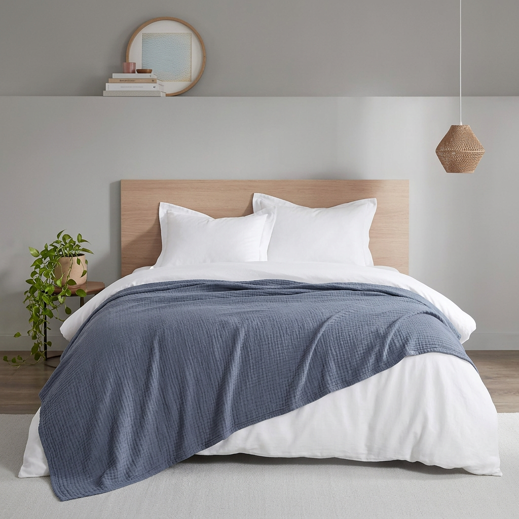 Clean Spaces Full/Queen denim-blue cotton gauze blanket draped across a bed with white bedding.