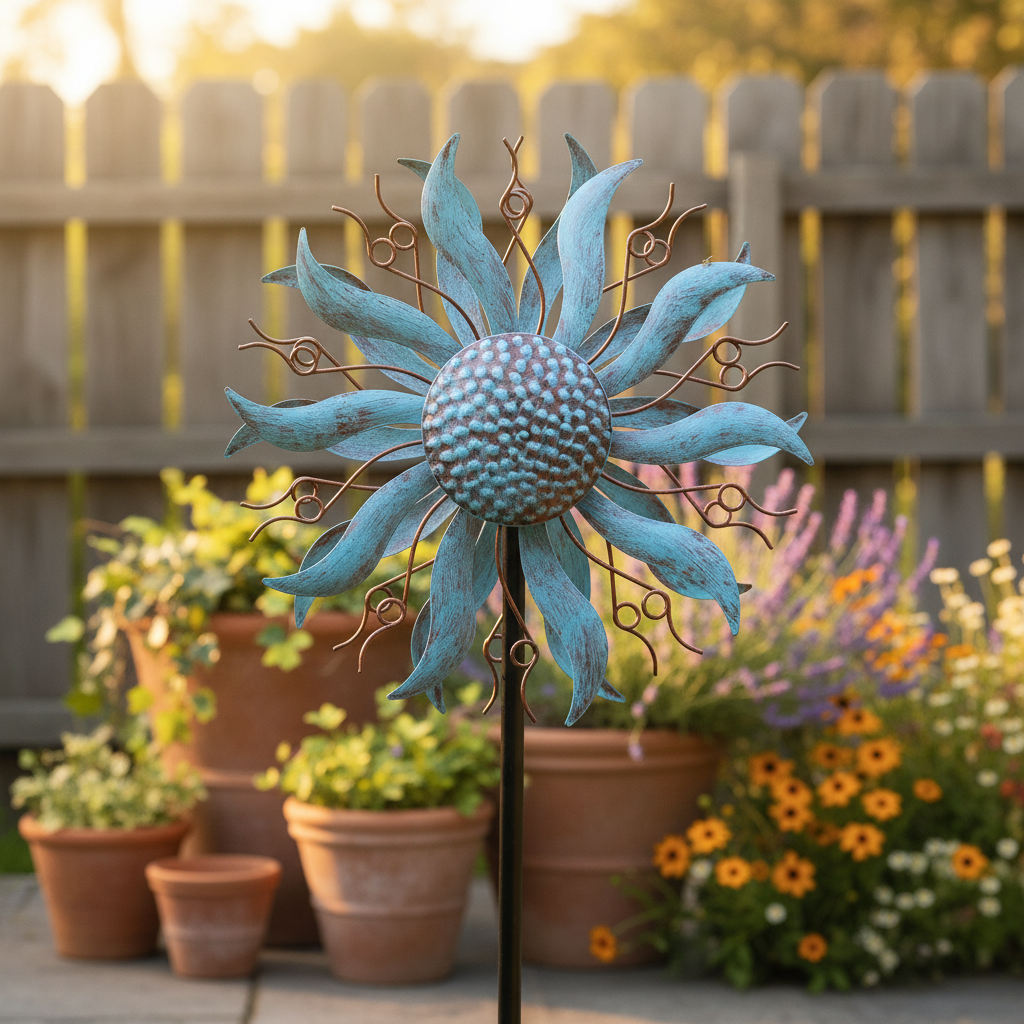 Blue and bronze coneflower kinetic wind spinner garden stake with close-up of petal and bronze accent detail