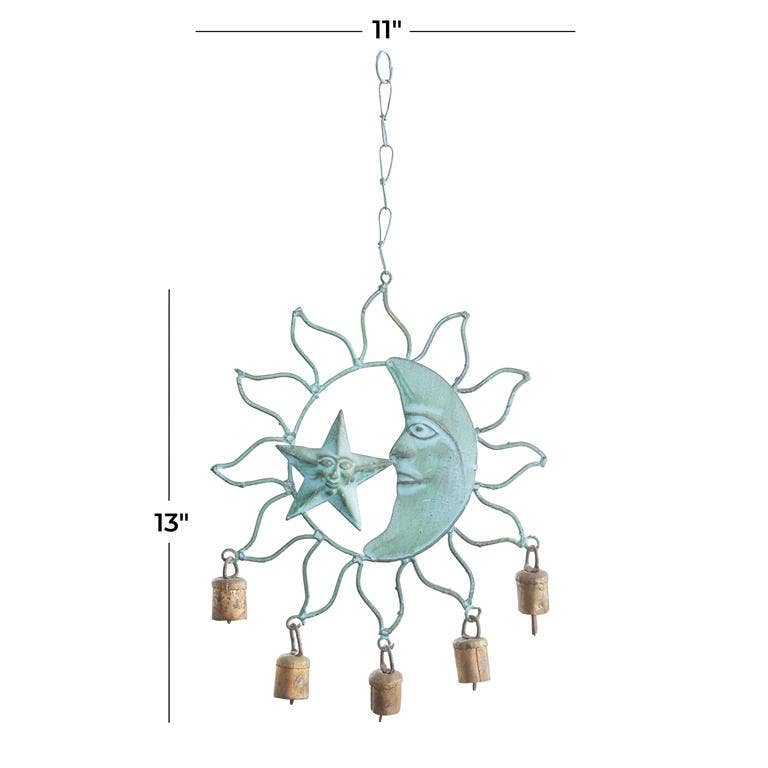 Sun-and-moon wind chime size diagram showing an 11-inch width and 13-inch height for the decorative section with bells.
