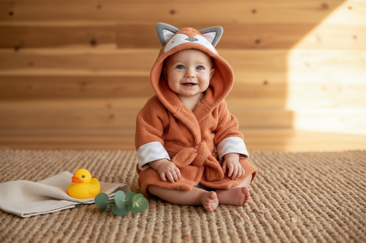 Baby bath time essentials featuring soft hooded towels, cartoon animal bathrobes, and gentle baby wash by GoodStuff Co