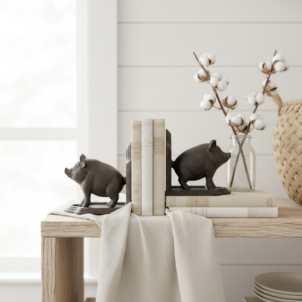 Cast Iron Pig Bookend Pair - Light Cozy Farmhouse