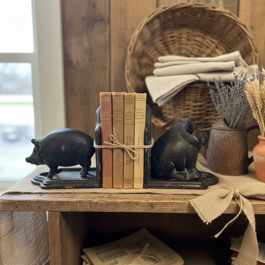Cast Iron Pig Bookend Pair - Rustic with Books Between
