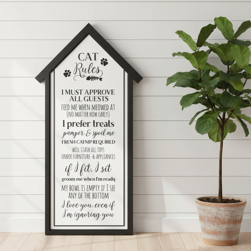 Cat Rules Wall Sign - Large Size with Houseplant