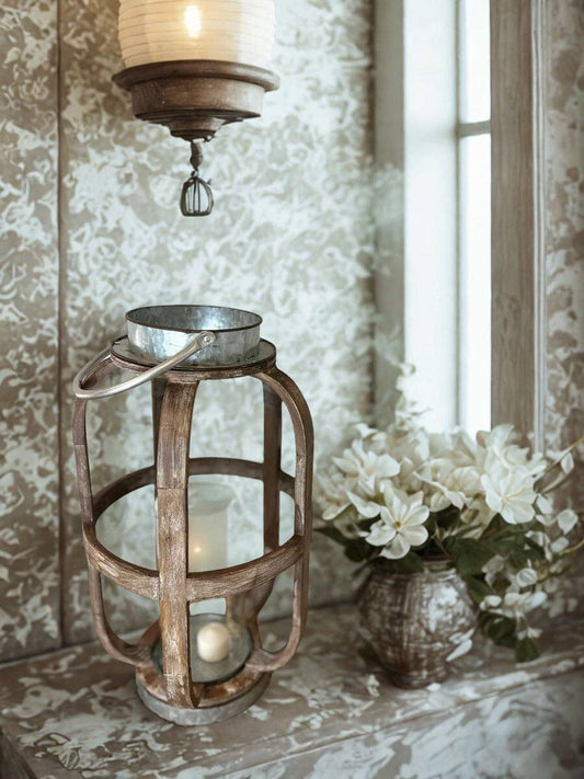 Galvanized/Wood Candle Lantern (Medium)