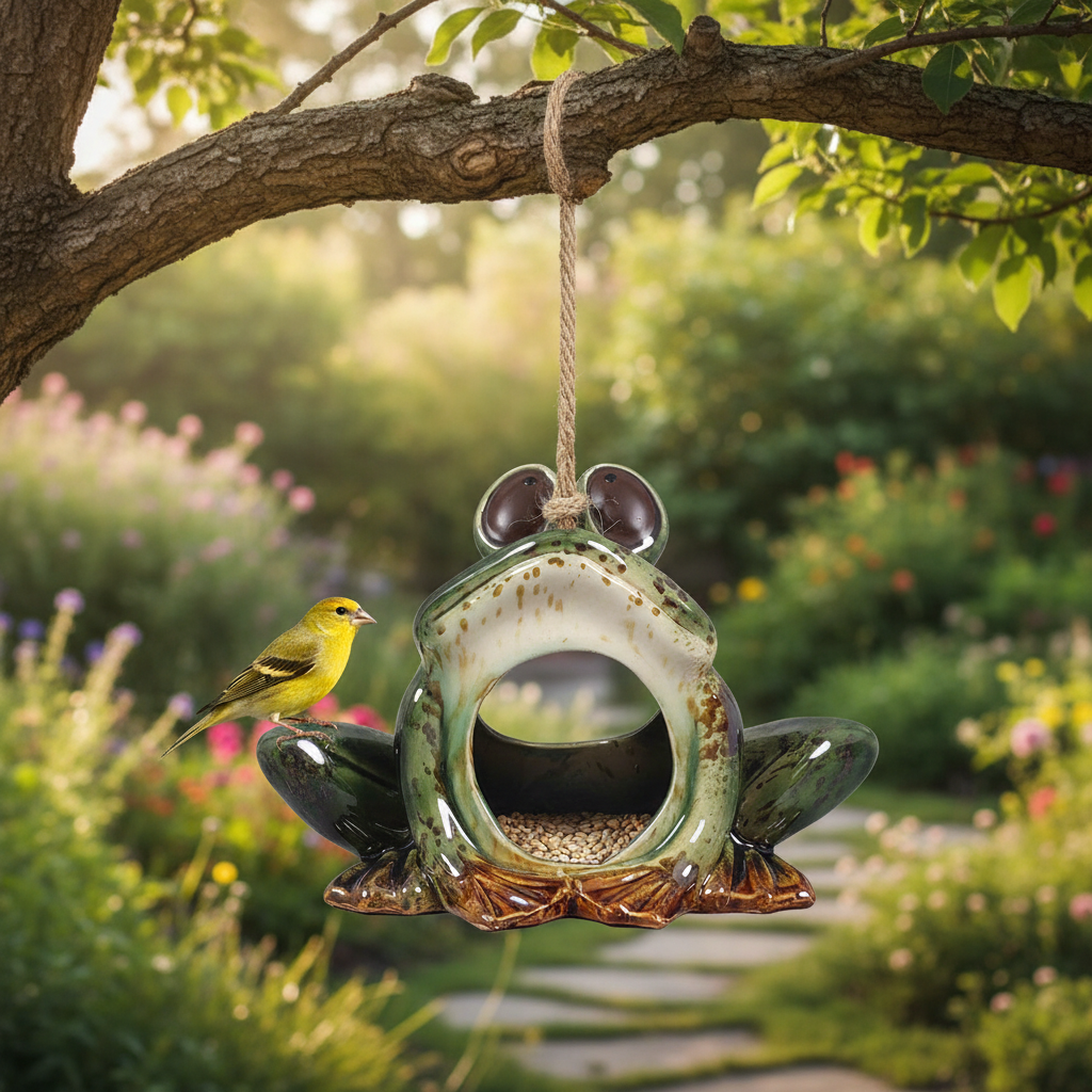 Ceramic frog birdfeeder hanging from tree branch with jute rope in a lush garden, yellow bird perched on side