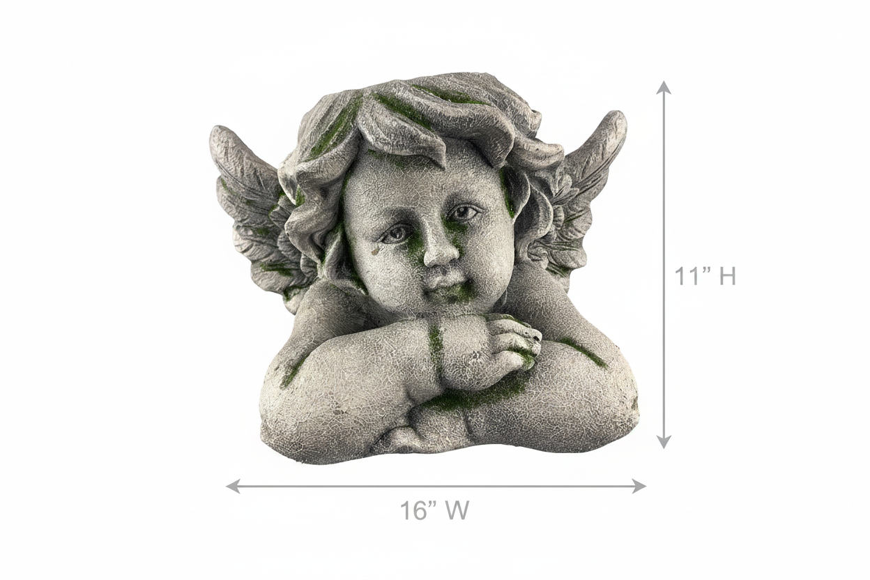 Winged cherub garden planter in distressed stone finish on white background with Dimensions