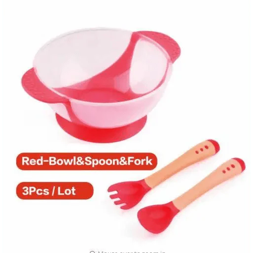 Baby Eco Suction Cup Food Bowl with Lid & Temperature Sensing Spoon - Assortment