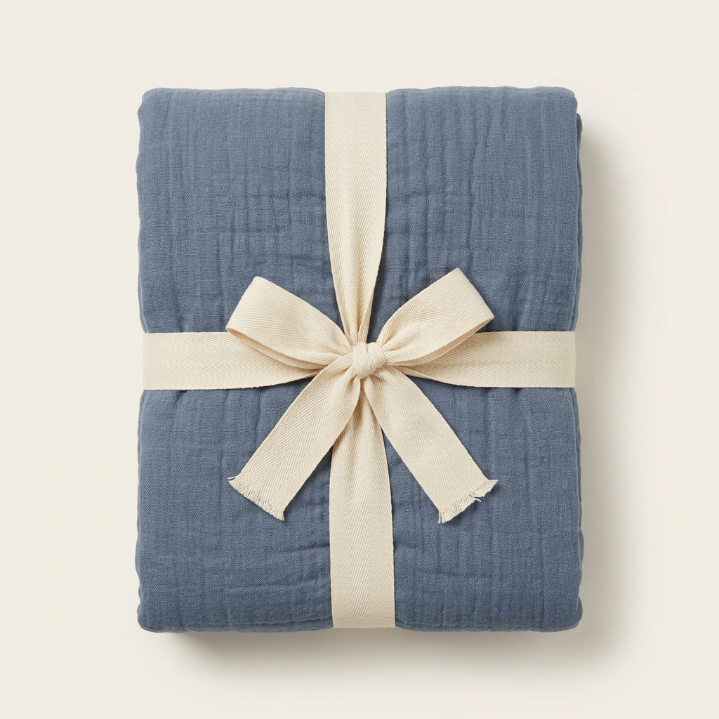 Clean Spaces denim-blue cotton gauze blanket folded and tied with a cream ribbon bow on an off-white background.