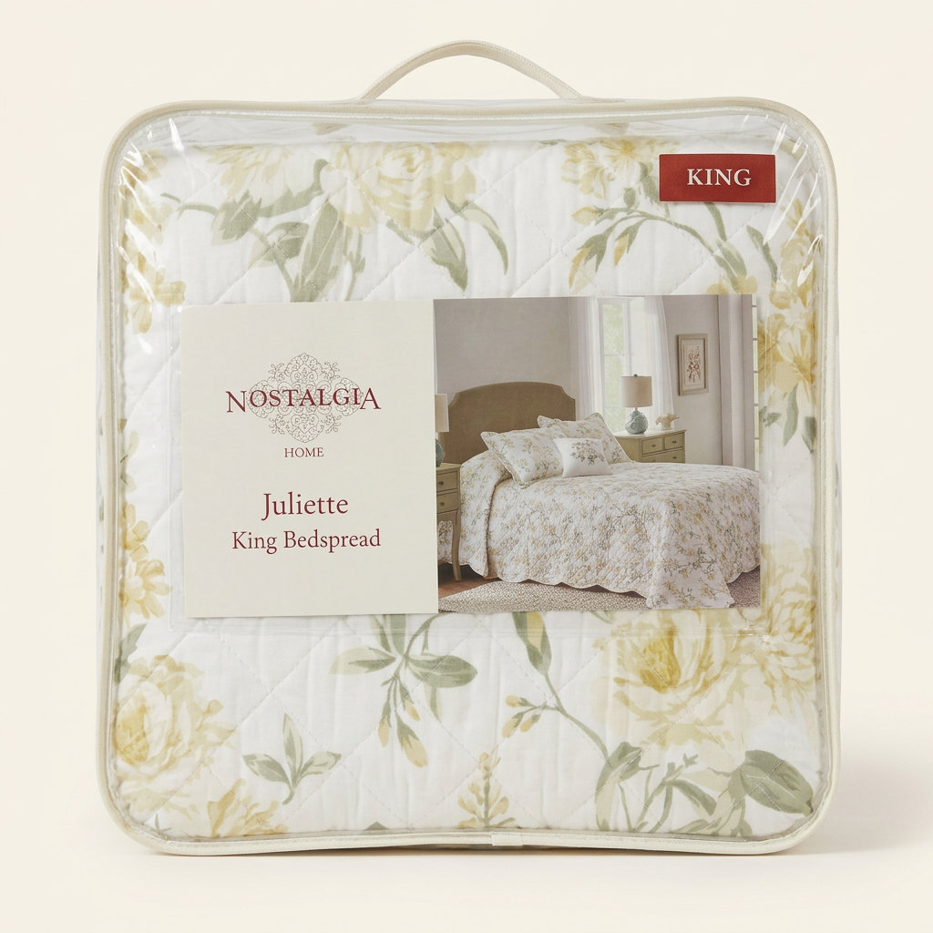 Nostalgia Home Juliette king bedspread folded inside its clear zippered carrying case with the original product label.