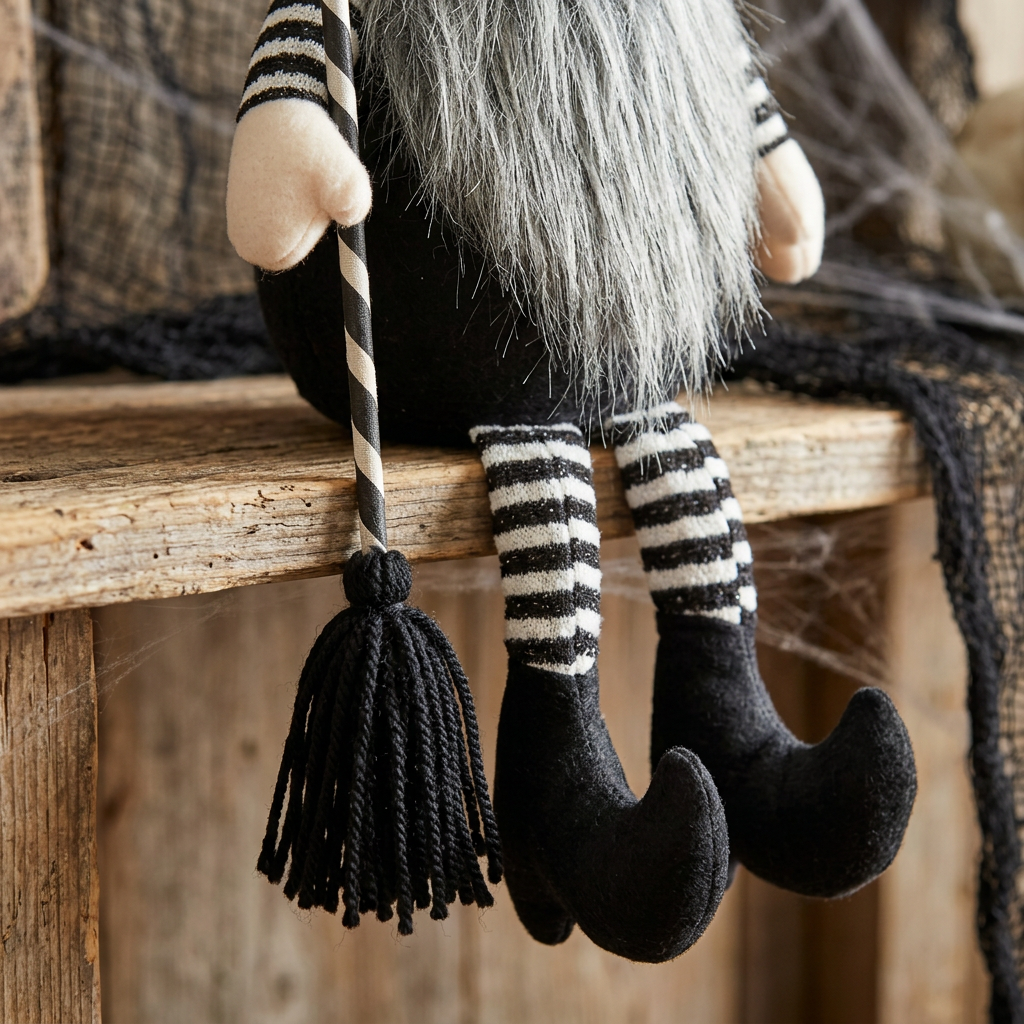 Detail of a Halloween gnome’s black-and-white striped legs, curved black shoes, and broom with a striped handle and black bristles.