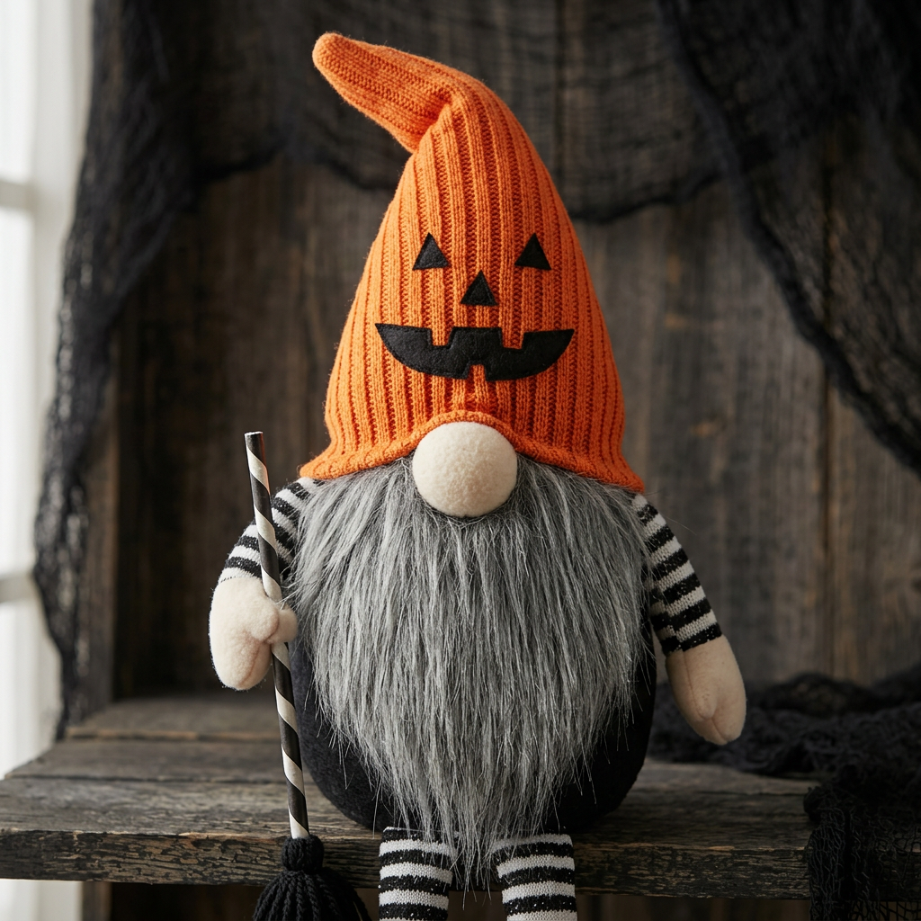 Close-up of a Halloween gnome’s orange knit pumpkin-face hat, cream nose, shaggy gray beard, and mitten holding a striped broom handle.