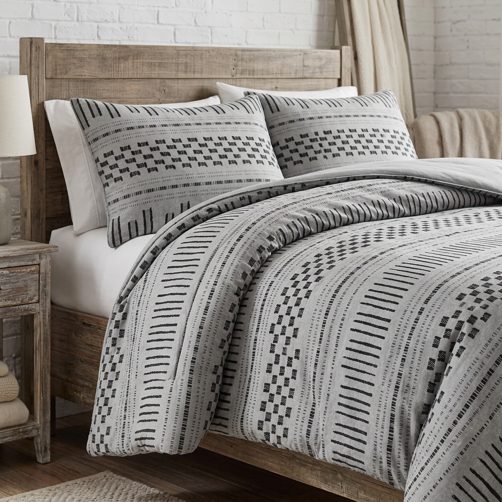 INK+IVY gray-and-black comforter with two matching pillow shams, showing the linear and geometric pattern on a rustic wooden bed.