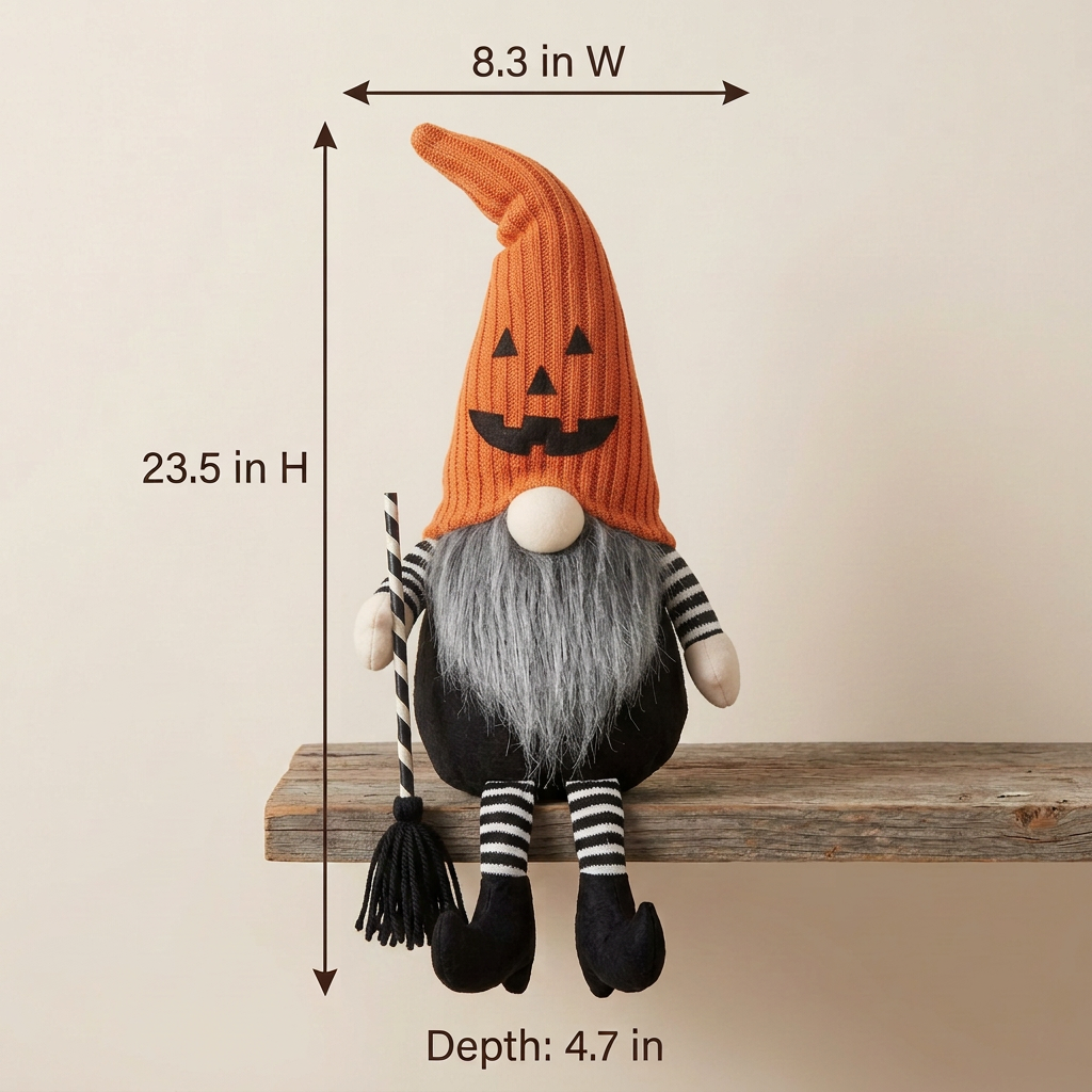 Orange pumpkin-hat Halloween gnome with broom and measurement arrows indicating 8.3 inches wide, 23.5 inches tall, and 4.7 inches deep.⠋