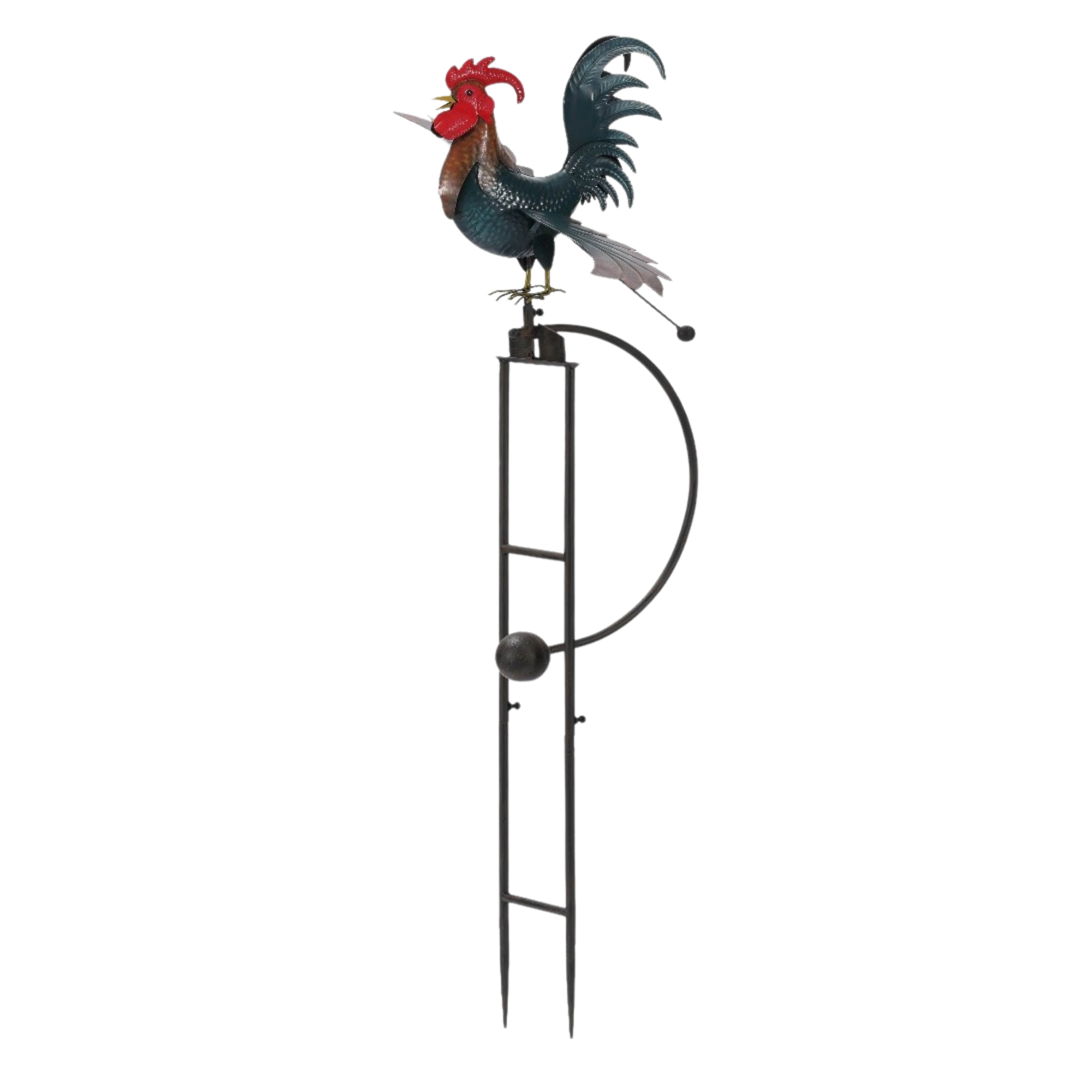 Full-height large rooster balance rocker garden stake on white background showing complete black metal H-stake and rocker mechanism, 5 feet tall