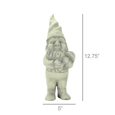 Clifford cement garden gnome with dimensions marked 5 inches wide and 12.75 inches tall