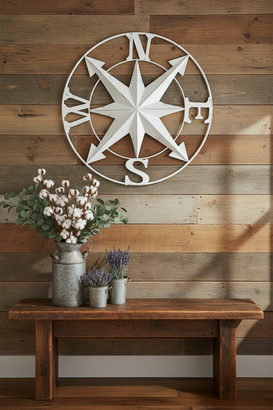 Distressed White Compass - Rustic Farmhouse Wood Wall