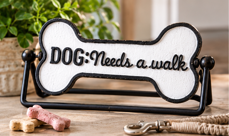 Bone-shaped cast iron tabletop sign reading “Dog Needs a Walk” on a black stand beside a leash and dog treats