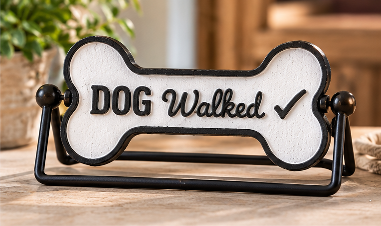Reverse side of the bone-shaped dog walk reminder sign reading “Dog Walked” with a check mark