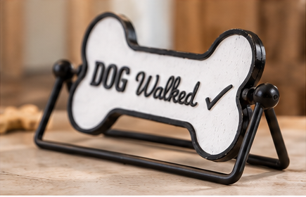 Angled view of the “Dog Walked” tabletop sign showing its black metal stand and side pivots
