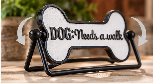 Rotating dog walk tabletop sign with curved arrows illustrating how the bone-shaped panel turns on its stand