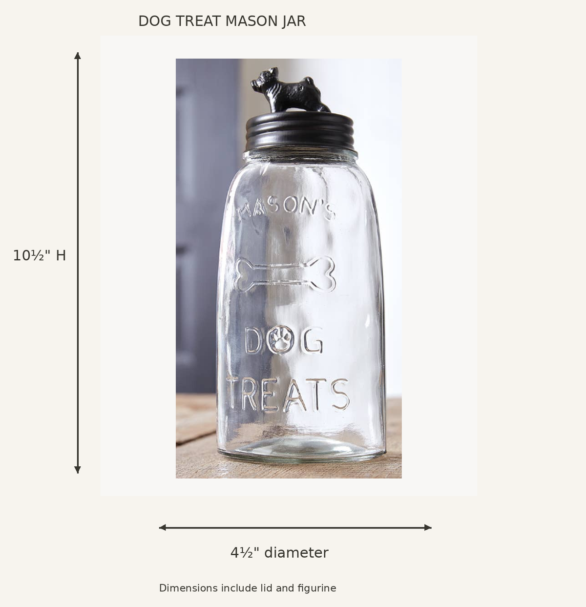 Dog treat mason jar measuring 4½ inches in diameter and 10½ inches high, including the lid and bulldog topper