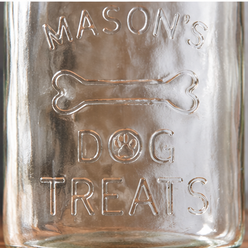 Close-up of the glass jar’s embossed “Mason’s Dog Treats” lettering, bone design, and paw detail