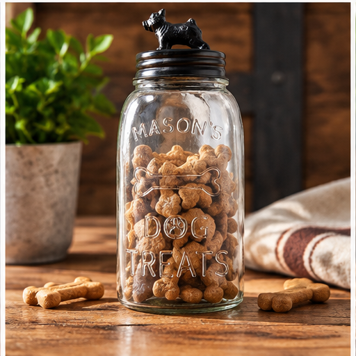 Glass dog treat mason jar filled with bone-shaped treats, with a black metal bulldog lid on a rustic wooden table