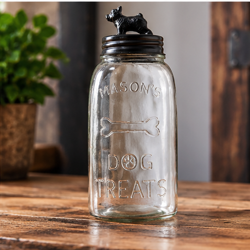 Empty glass dog treat mason jar with embossed lettering and a black metal bulldog lid