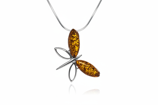 Dragonfly Sterling Silver Baltic Amber Necklace with flat snake chain — 925 sterling silver dragonfly pendant cradling a warm golden-brown genuine Baltic amber stone with natural fossilized resin inclusions
