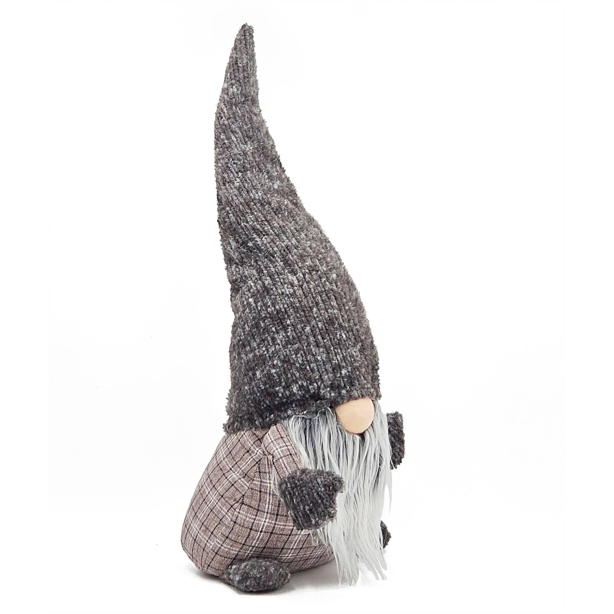 Side view of the gray gnome showing its rounded plaid body, knit mitten, and small knit feet.