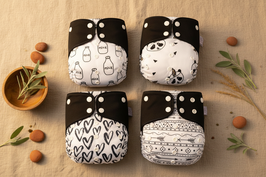 Eco-friendly washable and reusable cloth diapers in colorful prints with natural earthy background by GoodStuff Co