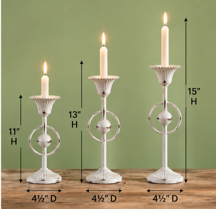 Three Evelyn taper candle holders labeled with heights of 11, 13, and 15 inches and a 4½-inch diameter for each