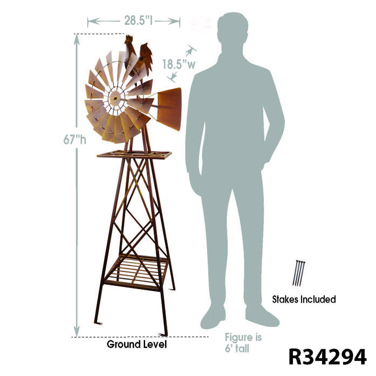 Rustic rooster windmill dimensions — 67 inches tall, 28.5 inches wide, 18.5 inches deep, shown next to 6-foot figure for scale