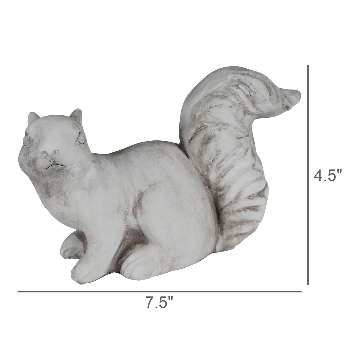 Gray cement reclining squirrel statue with dimensions marked 7.5 inches long and 4.5 inches tall